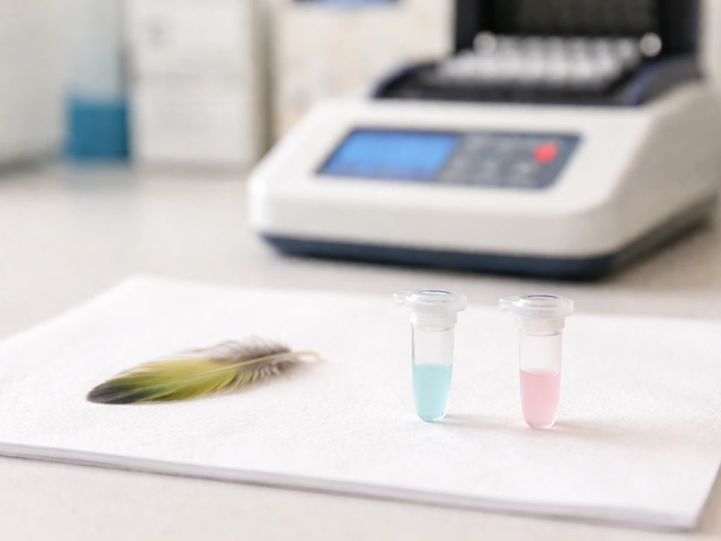 Close-up of a feather sample and PCR lab tubes suggesting bird DNA sexing outcomes.