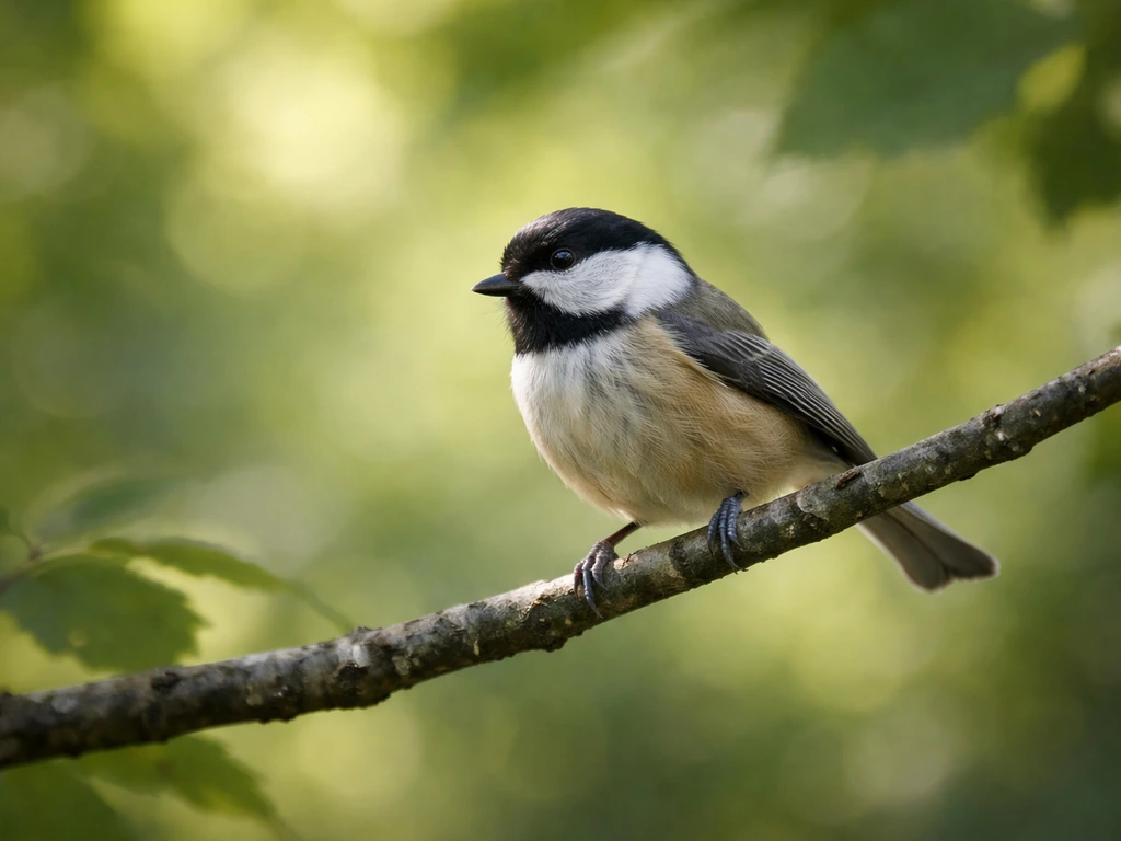 A small songbird perched on a branch with soft greenery bokeh in natural light.