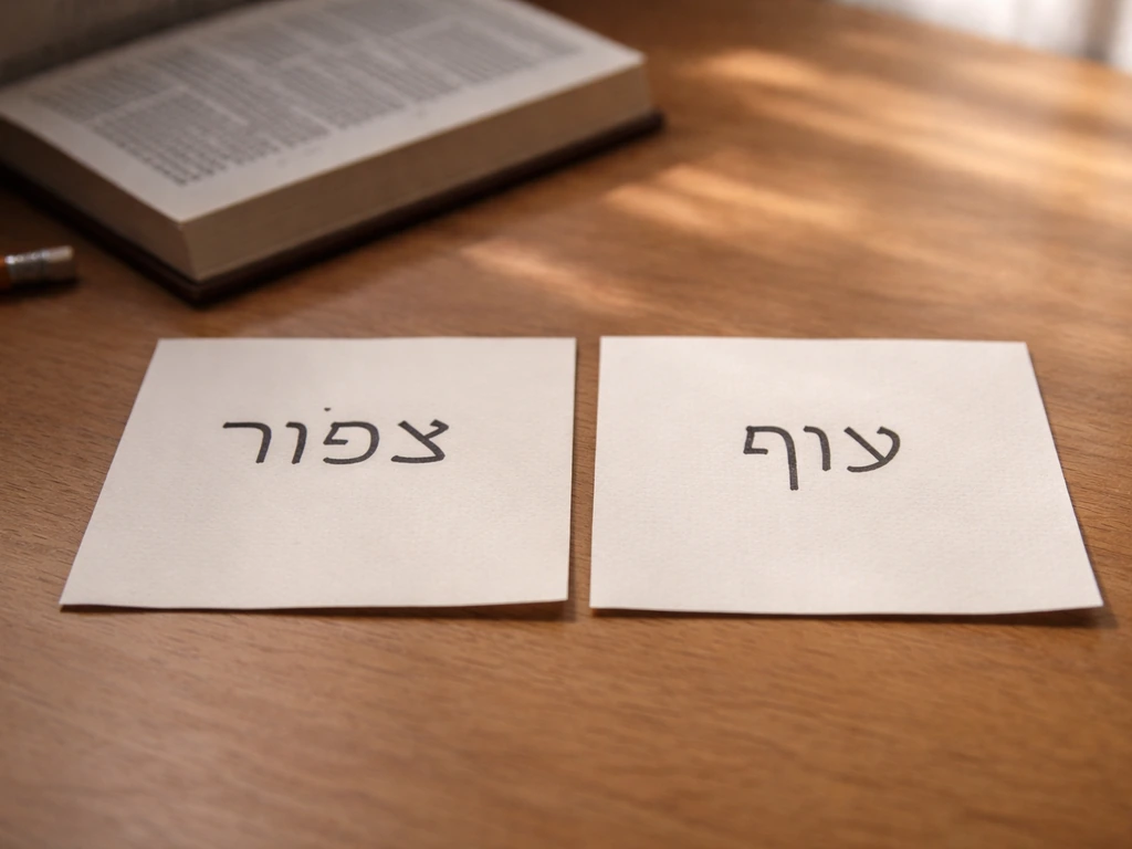 Two Hebrew words handwritten on papers side-by-side on a wooden desk, softly lit.