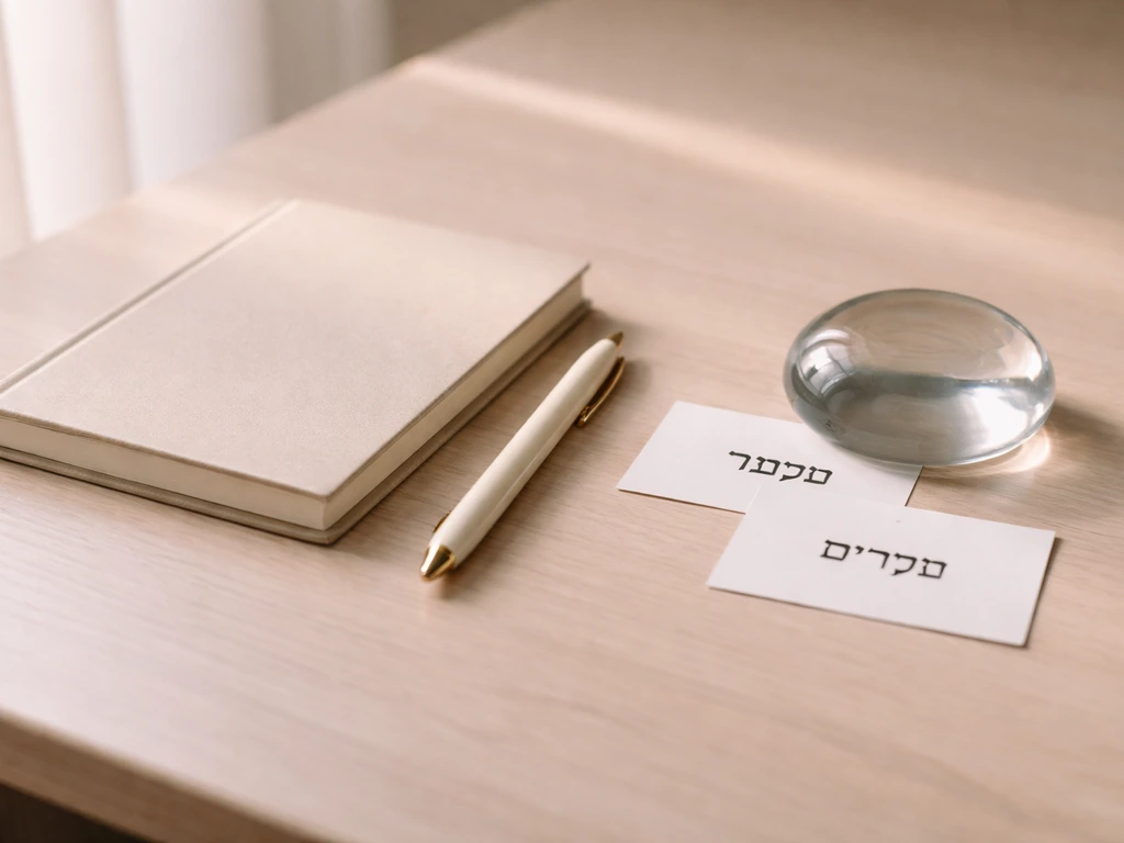 Minimal desk scene with two Hebrew word forms for צִפּוֹר and צִפֳּרִים under a glass paperweight.