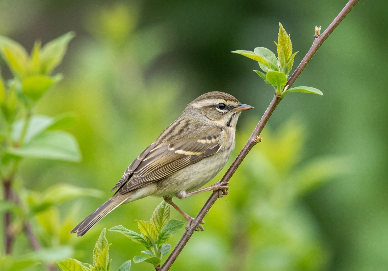 Close-up of a small common garden bird perched among lush green leaves in natural light