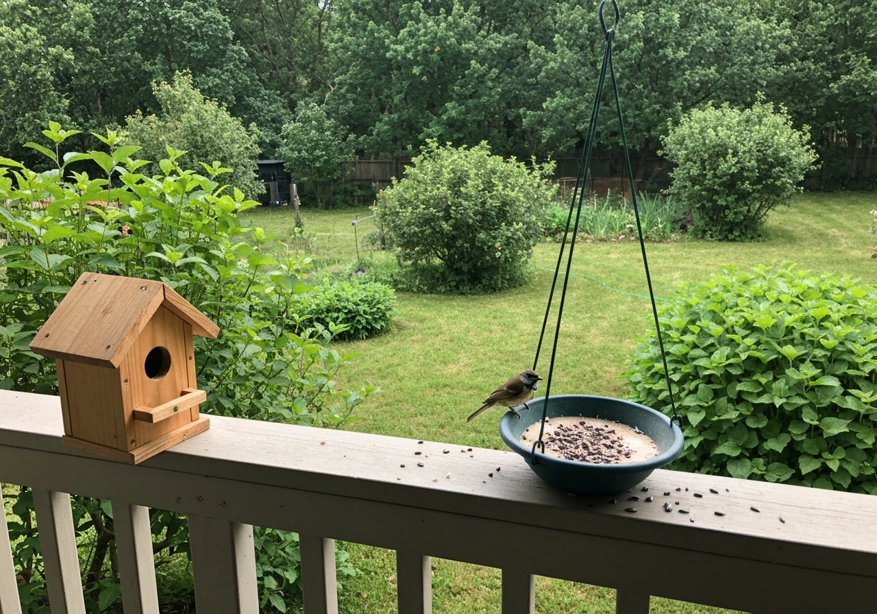 A small garden bird feeder with a birdhouse in a backyard garden with natural greenery