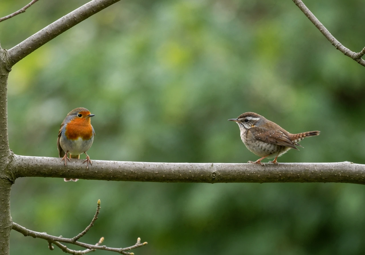 Two small garden birds perched separately on a branch, highlighting near-lookalike species.