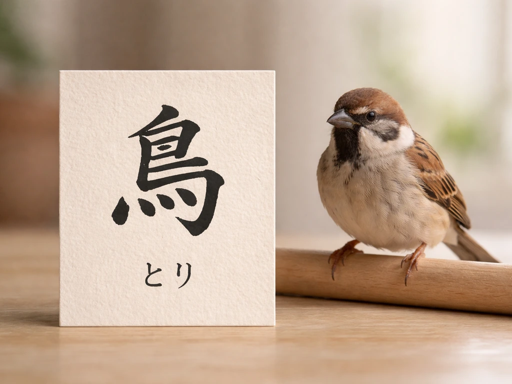 Ink kanji 鳥 on paper with reading とり, beside a small sparrow on a wooden perch.