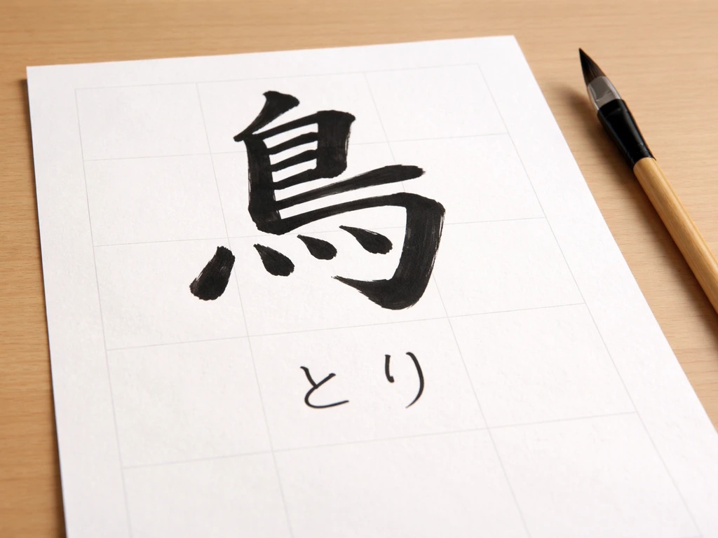 Close-up of handwritten 鳥 and とり on a practice sheet with visible ink strokes on a clean desk