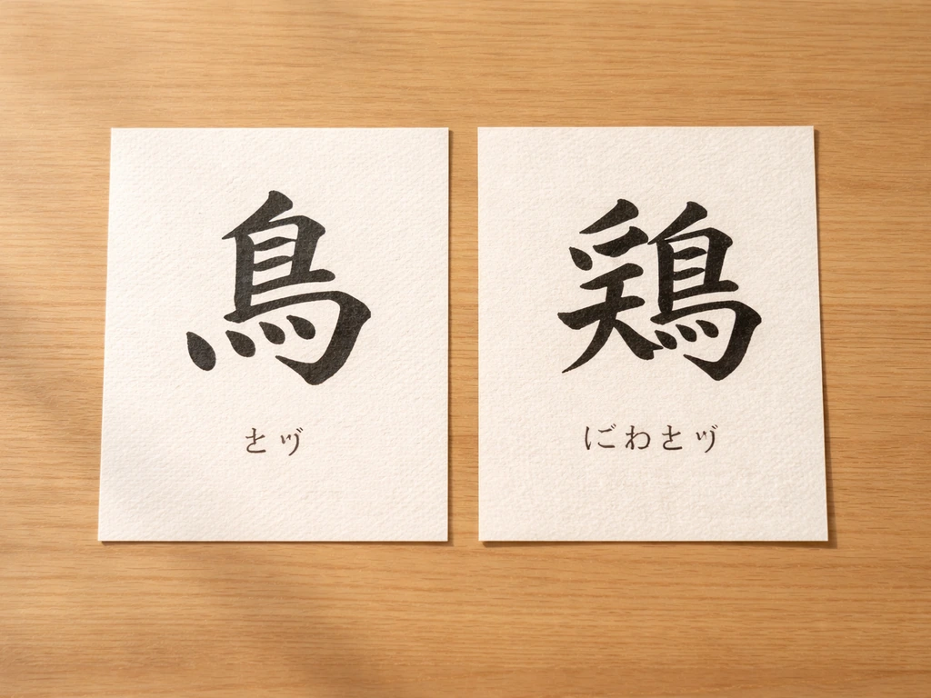 Two ink kanji cards side-by-side on a wooden table showing 鳥 and 鶏 with similar brush texture.