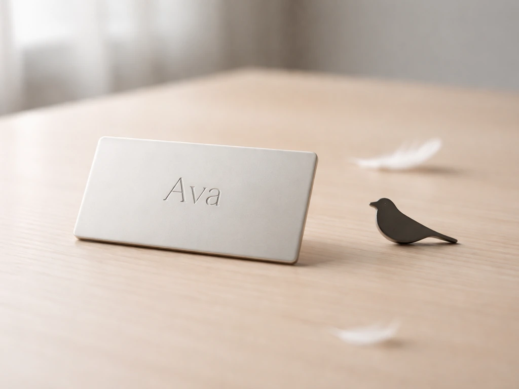 Minimal photo scene with a small bird icon motif and a neutral name-like object suggesting “Ava” is a name