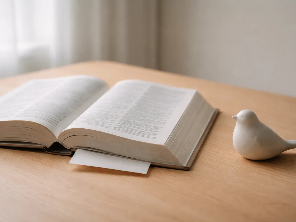 Open English dictionary beside a small generic bird figurine on a wooden table.