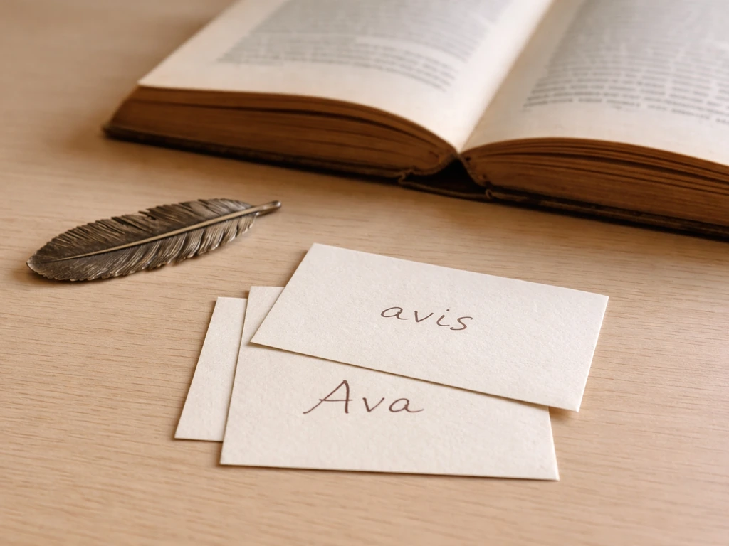 Minimal tabletop with an open Latin book and a feather, with simple handwritten “avis” and “Ava” tiles.