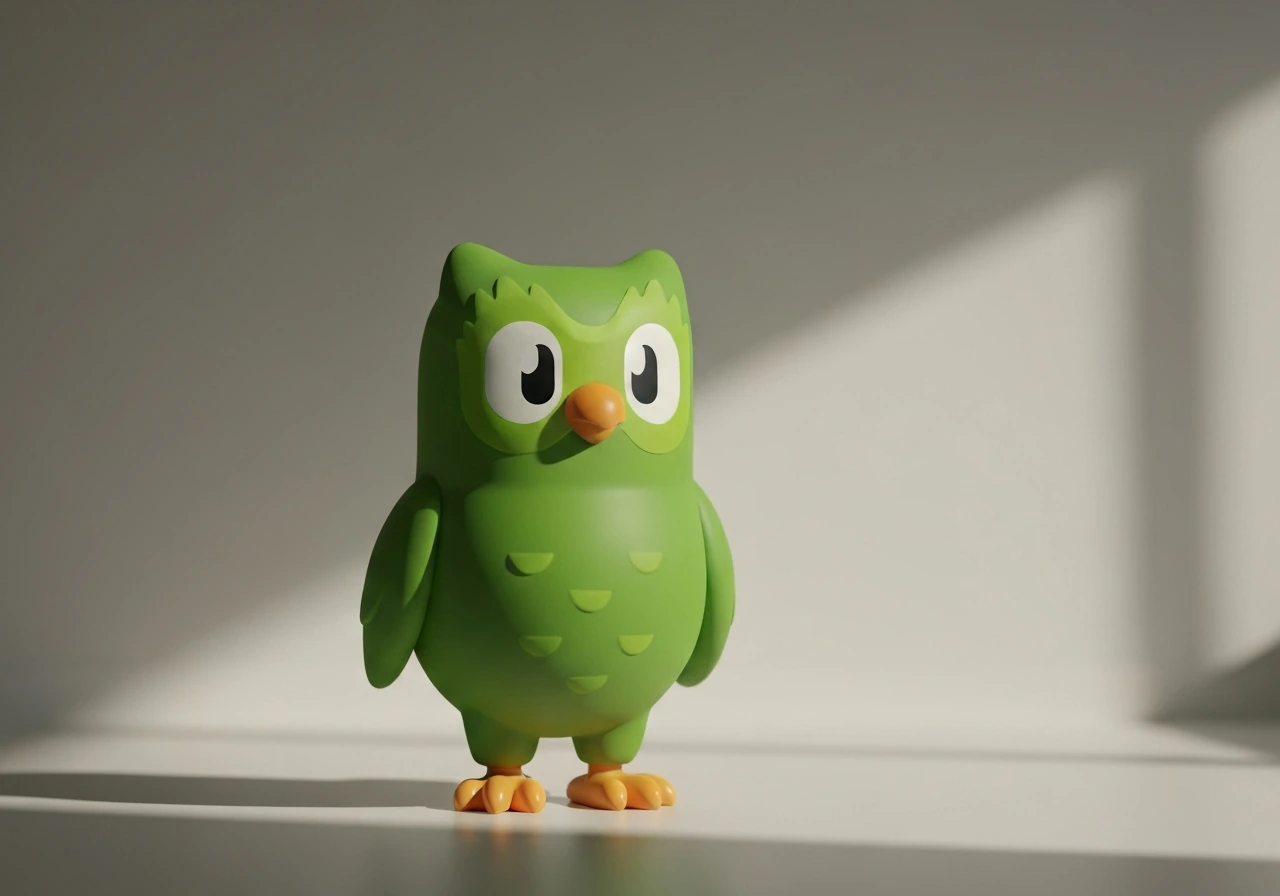 Duolingo green owl character (Duo) centered against a simple softly lit background.