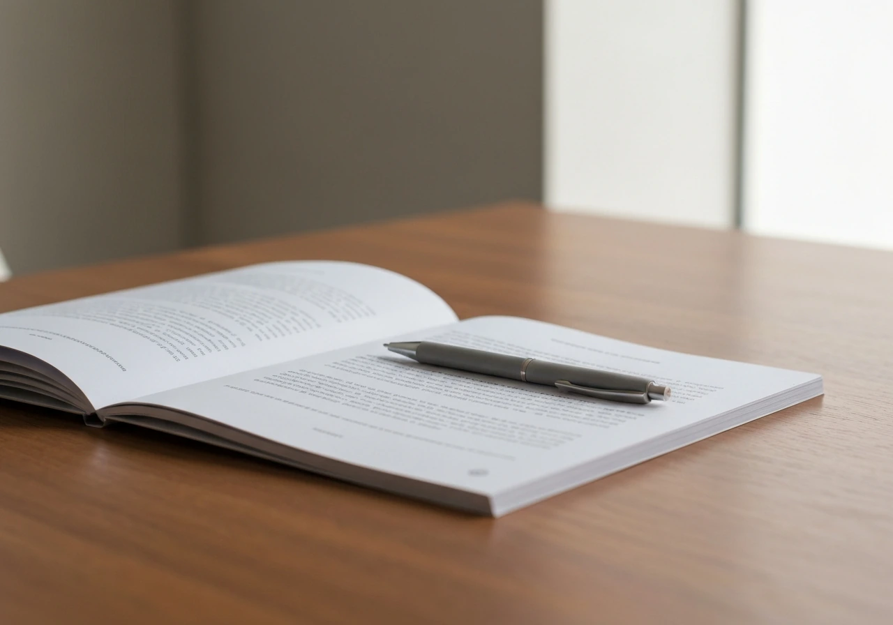 Close-up of an open brand guidelines document on a desk with a pen pointing, no visible text