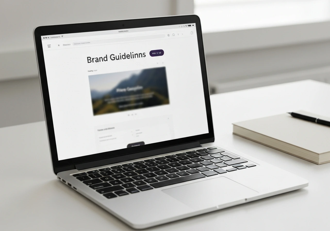 Close-up of a laptop showing an anonymous brand guidelines webpage in a clean, minimal browser view.
