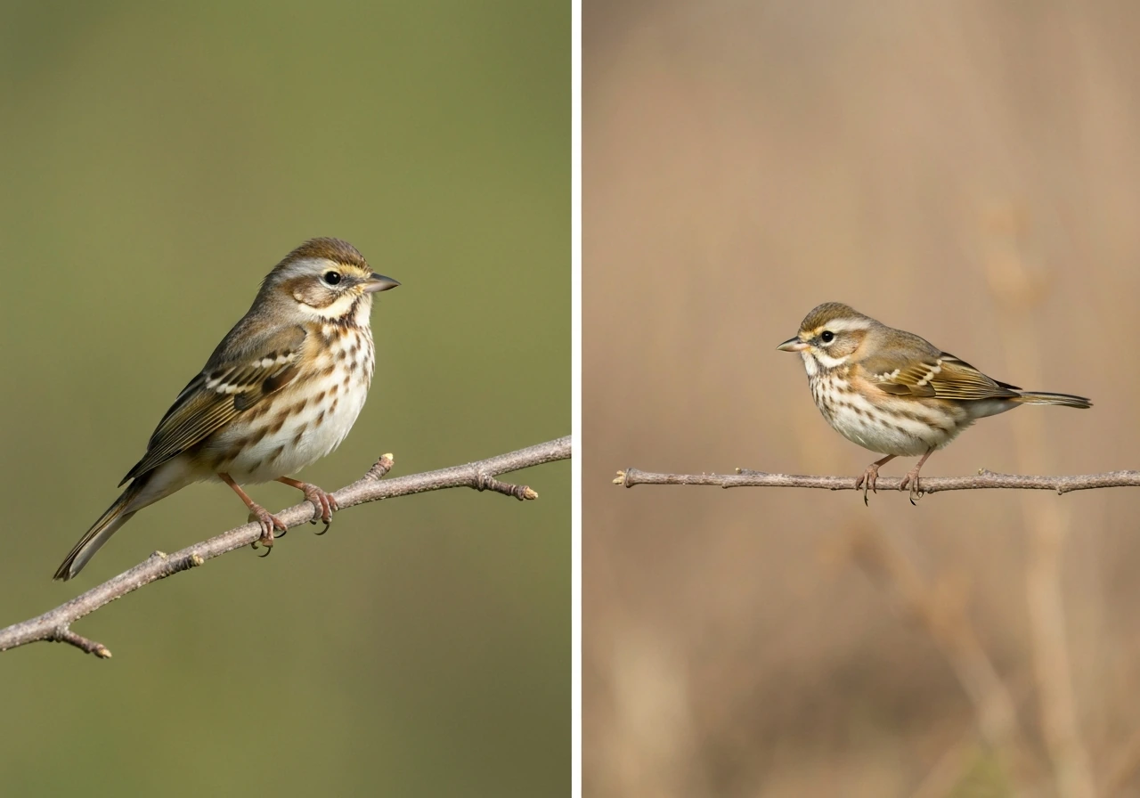 Two small realistic birds perched in natural light, left and right, minimal background for comparison.