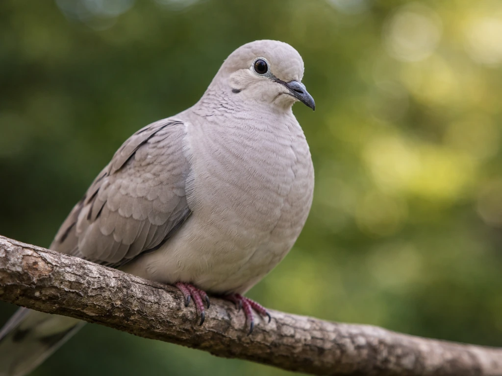 Close-up of a calm dove perched on a branch with detailed feathers and soft blurred background.