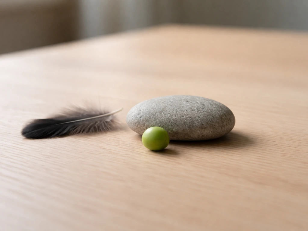Minimal close-up of a feather and small objects arranged to visually anchor the short /ʌ/ sound.