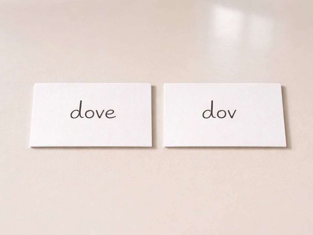 Close-up of two white cards showing “dove” and a mismatched “dov” spelling on plain desk, no text overlay.