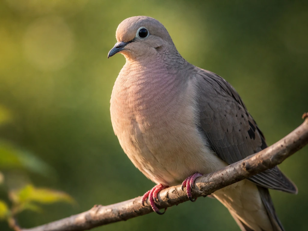 Close-up of a mourning dove perched on a branch in soft natural morning light.