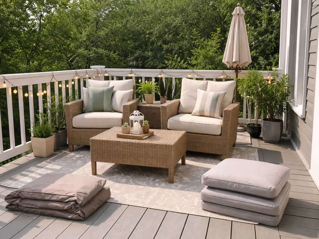Bright patio with weatherproof seating, outdoor rug, cushions, string lights, and a shaded umbrella