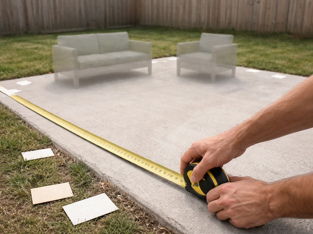 Hands measuring a simple patio layout with a tape measure and furniture placement pieces on clean concrete.