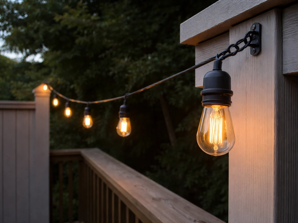 Outdoor string lights with anchored connection point and warm Edison bulbs glowing on a patio railing