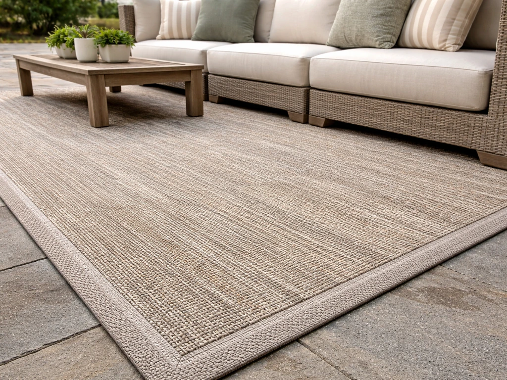 Close-up of an outdoor rug with weather-ready cushions on a patio, showing fabric texture and placement.