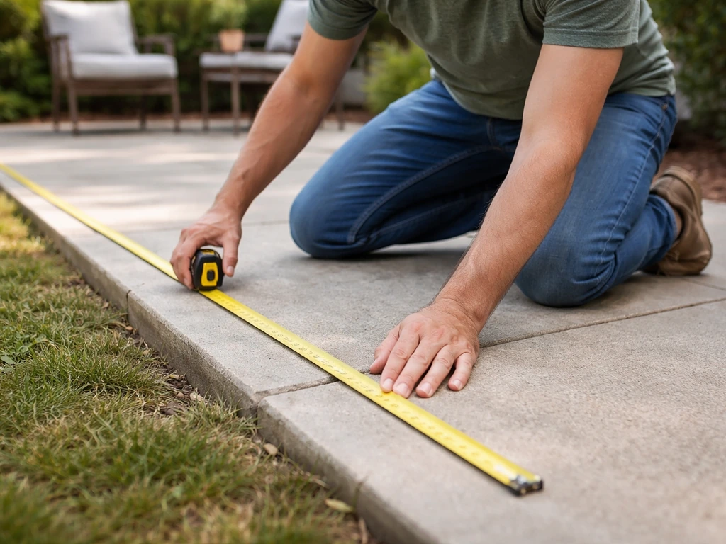 Person measuring a backyard patio with a tape measure while planning outdoor space