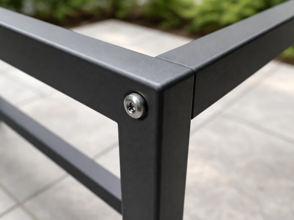 Closeup of powder-coated aluminum patio furniture frame with visible welds and hardware, clean and rust-free.