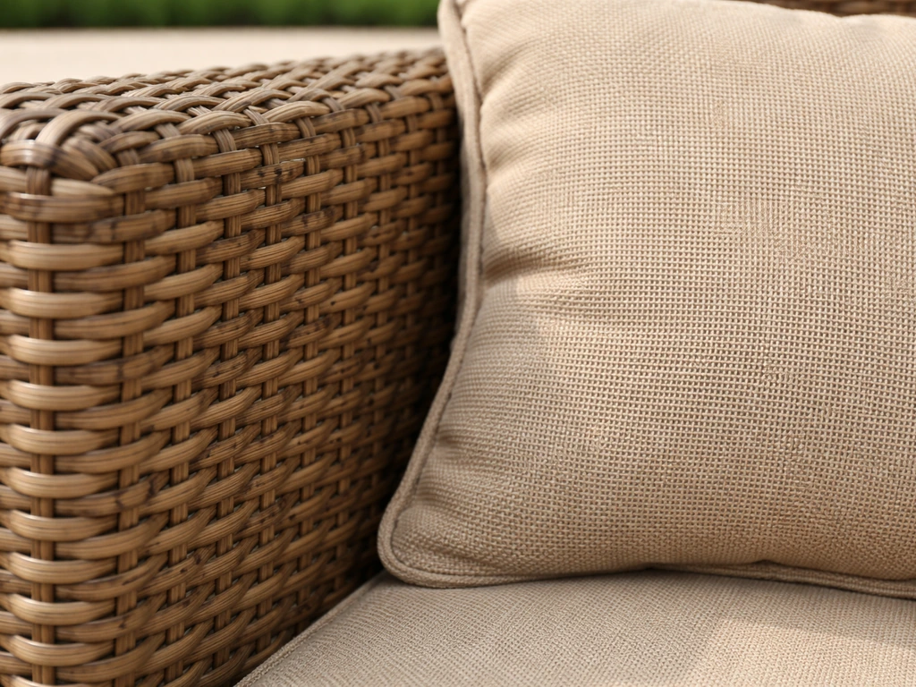 Close-up of synthetic PE resin wicker weave and matching cushions in soft neutral tones.
