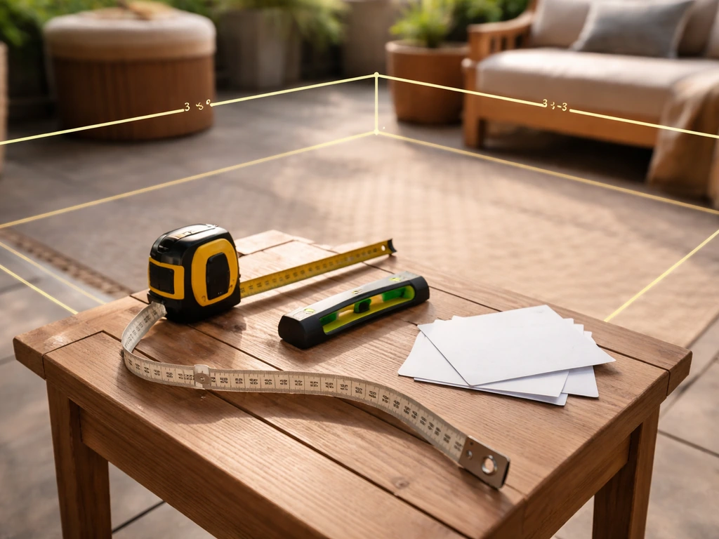 Tape measure, level, and blank decision cards on a patio table with a clearance dimension overlay.