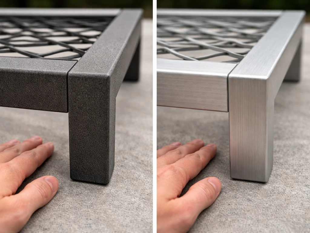 Close-up of powder-coated steel and aluminum patio frame finishes side by side with a hand beside them.