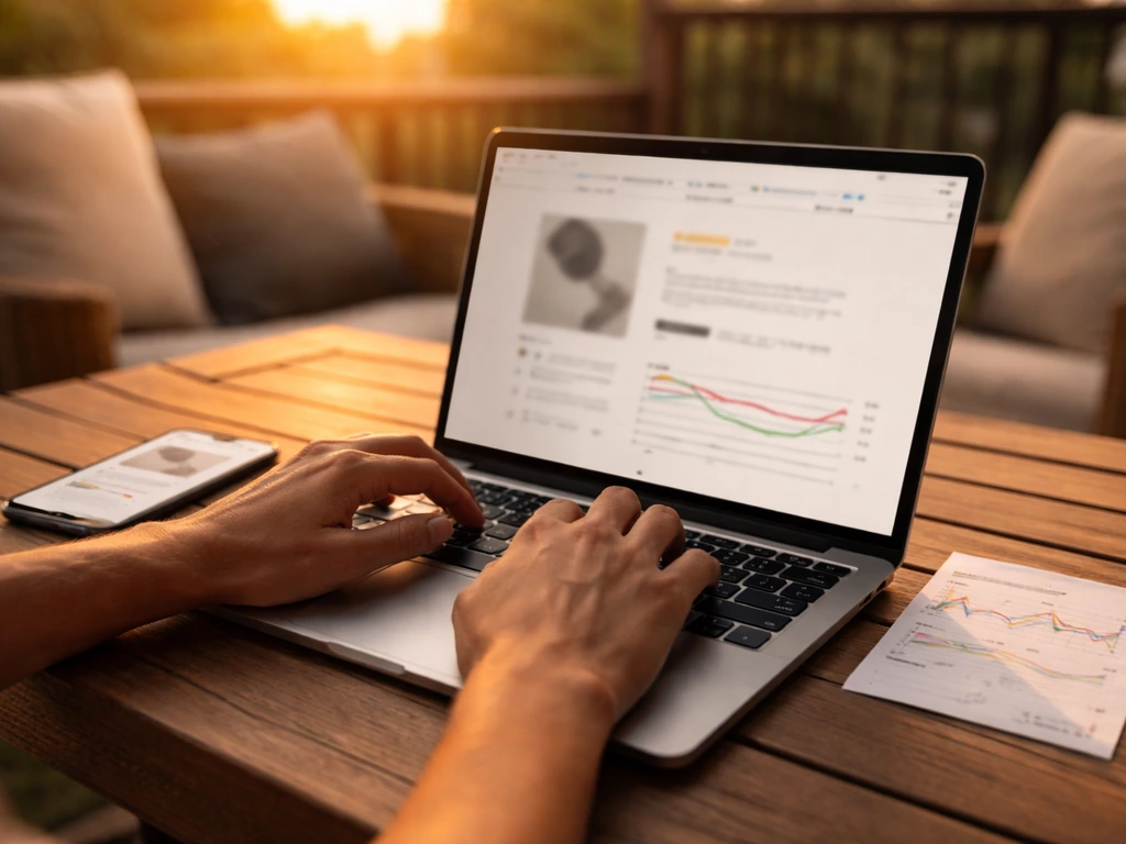 Hands reviewing an Amazon-style listing on a laptop with a small price-history sheet on a patio table.