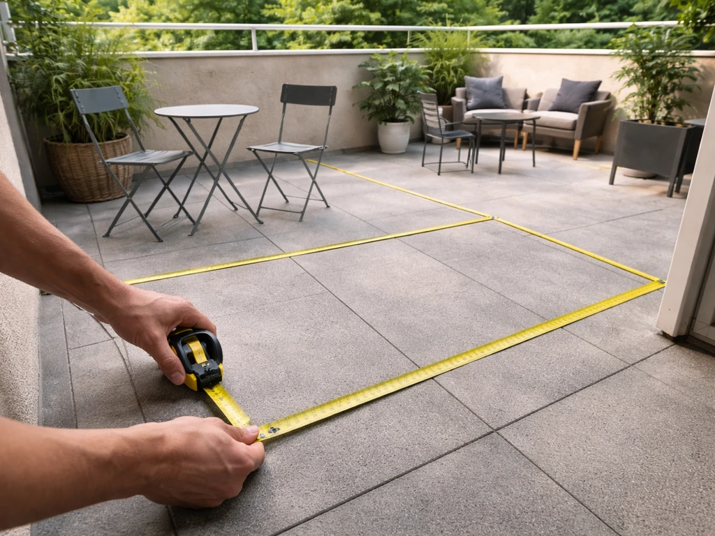 Hands measure a small outdoor patio space with a tape measure, outlining where furniture will fit.