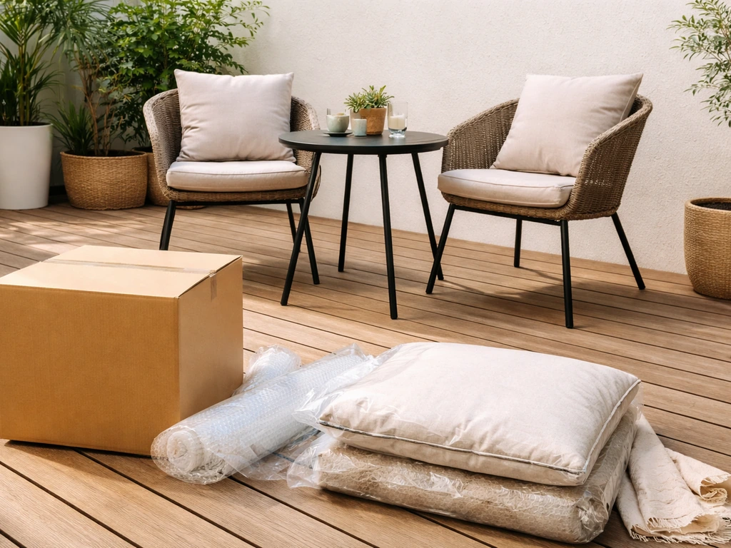 Neatly arranged outdoor patio set on a porch with a delivery-style box and shopping cues.