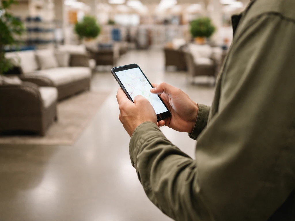Person using a phone store locator in a home improvement store near patio furniture displays