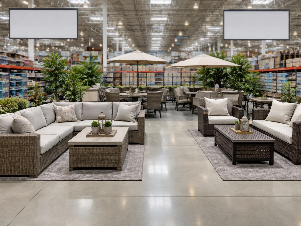 Patio furniture sets on display in a warehouse retailer aisle, with blank signage in the background.