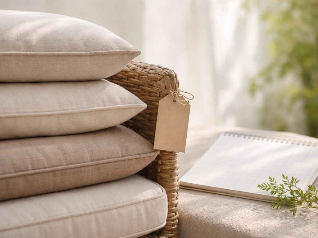Patio cushions and a tied tag beside a blank calendar suggesting spring-to-clearance shopping timing.