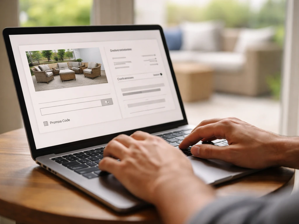 Close-up of a laptop browsing patio furniture with a promo code entry area and a coupon checkbox