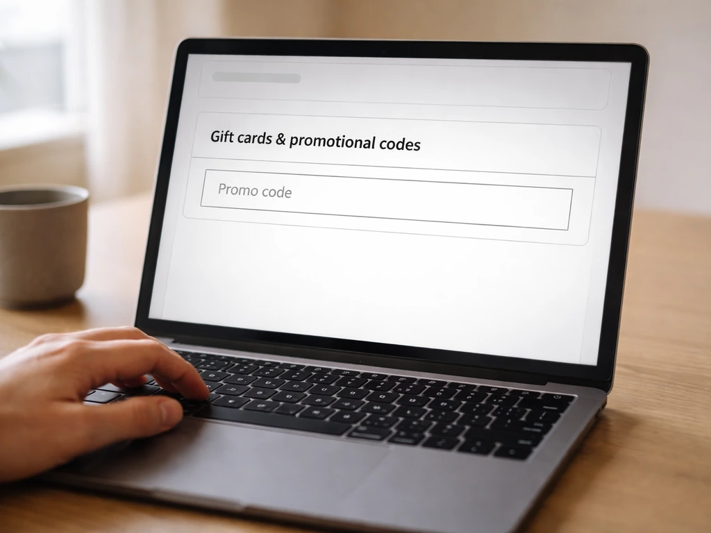 Minimal checkout screen view with “Gift cards & promotional codes” section expanded, ready to enter a promo code.