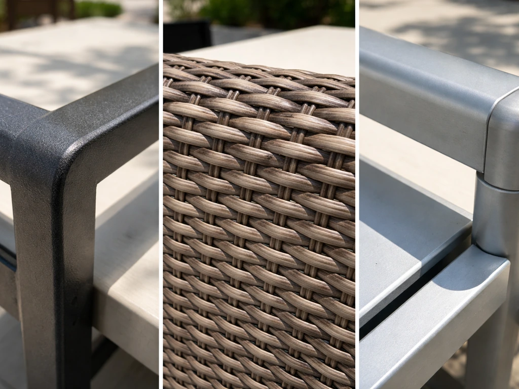Close-up of patio furniture materials: powder-coated steel frame, all-weather wicker weave, and aluminum components.
