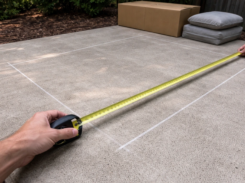 Person measuring a patio layout with a tape measure to verify a furniture set will fit