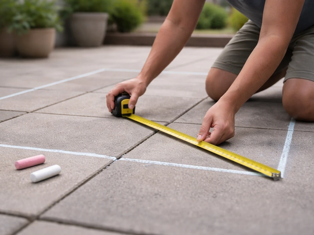 Person measuring a patio with a tape measure and marking clearance for an outdoor dining layout