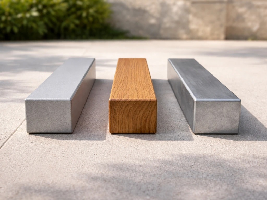 Side-by-side samples of powder-coated aluminum, teak, and steel patio frame materials with visible textures.