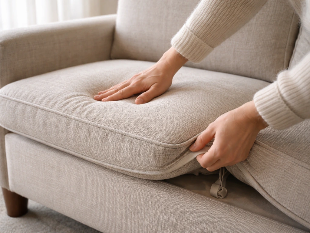 Hands press the center of a thick chair cushion and check tie-downs at the cushion underside.