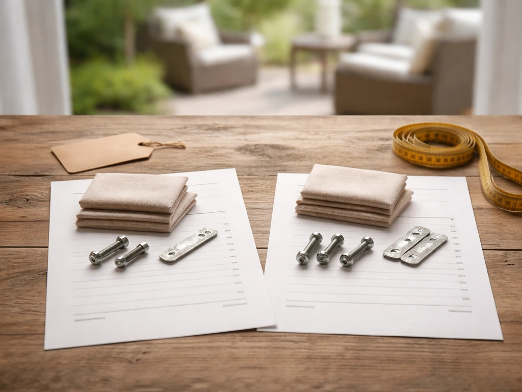 Receipts and patio accessory swatches on a wooden table, suggesting a true-price comparison without readable text.