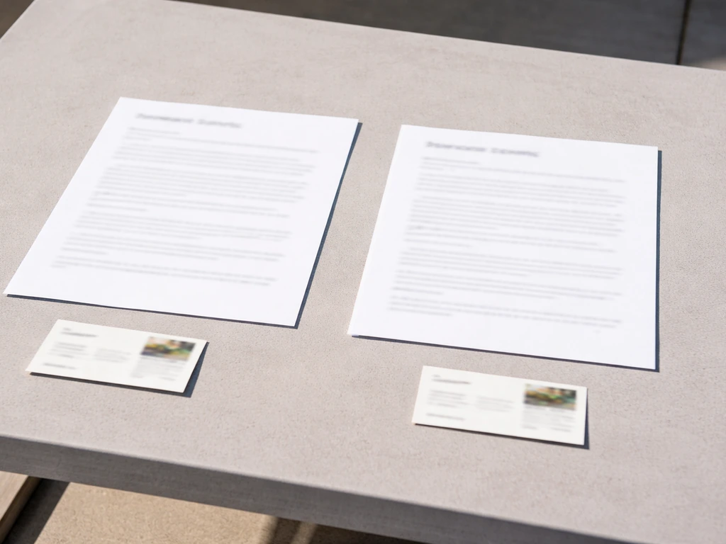 Close-up of two blurred warranty papers and patio furniture tags side-by-side on a table.