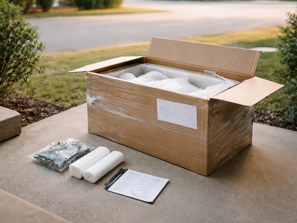 Patio furniture delivery box on a porch with assembly parts nearby and a return label area blurred out.