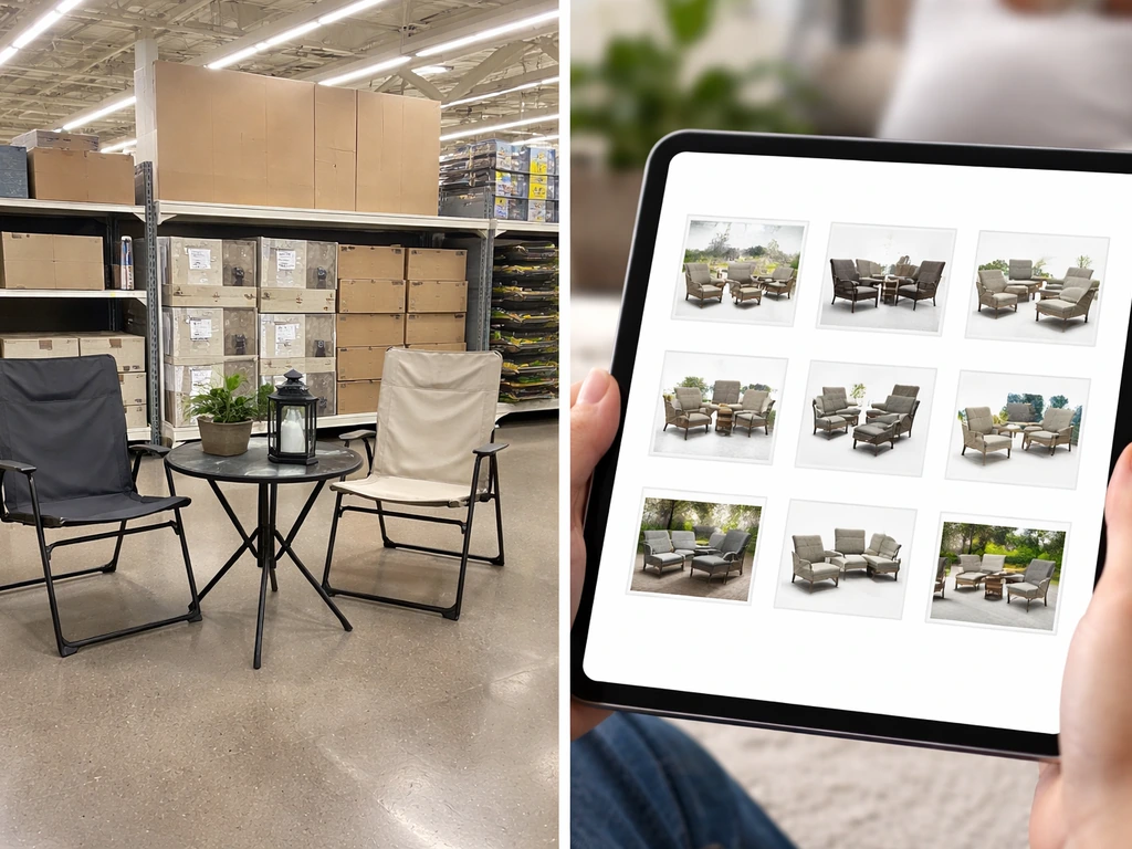 Split-screen: in-store patio furniture display vs a generic online product grid on a tablet