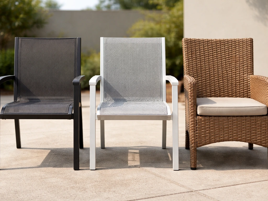 Three patio chair materials—steel, aluminum, and wicker—on a simple outdoor patio in natural light.