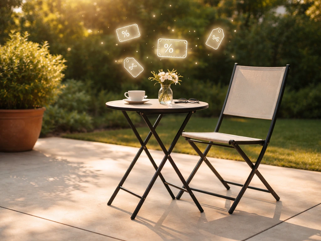 Sunlit patio with a compact outdoor bistro set and subtle coupon/discount icons floating above it.