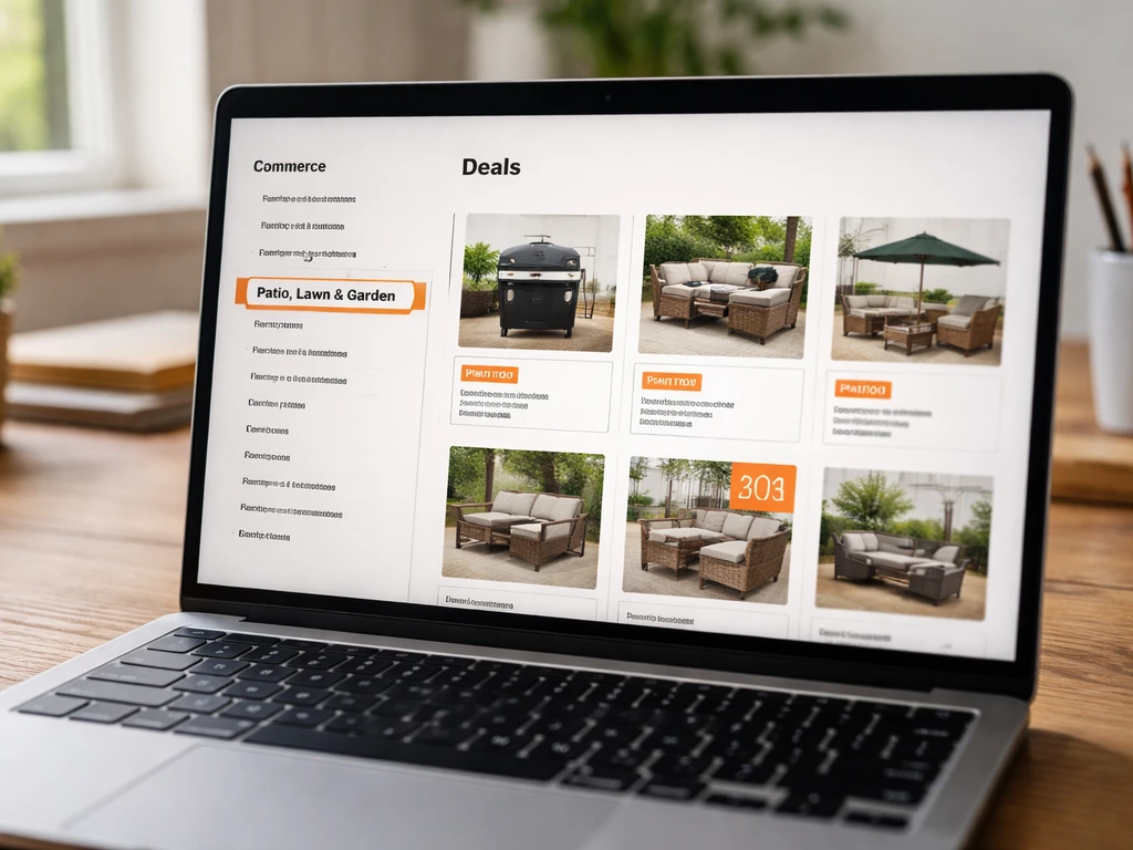 Close-up of a laptop showing an online deals page with the Patio filter selected and patio items highlighted.